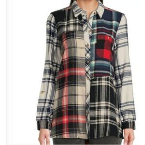 John Mark Flannel Shirt Womens XL Multi Patch Burnout Plaid Vervet Point Collar